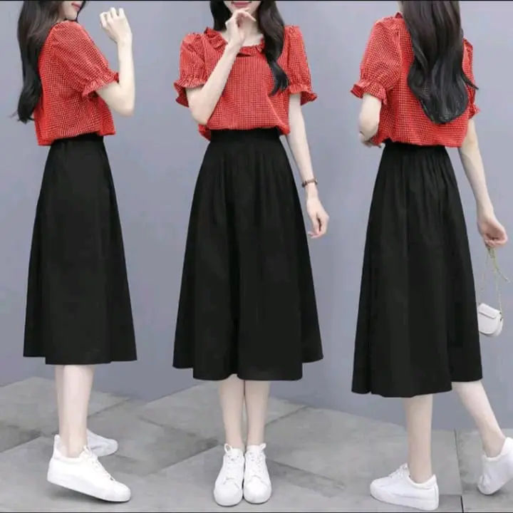 Rok midi wanita simpel Bahan Crinkle Terbaru Dewasa Casual 0