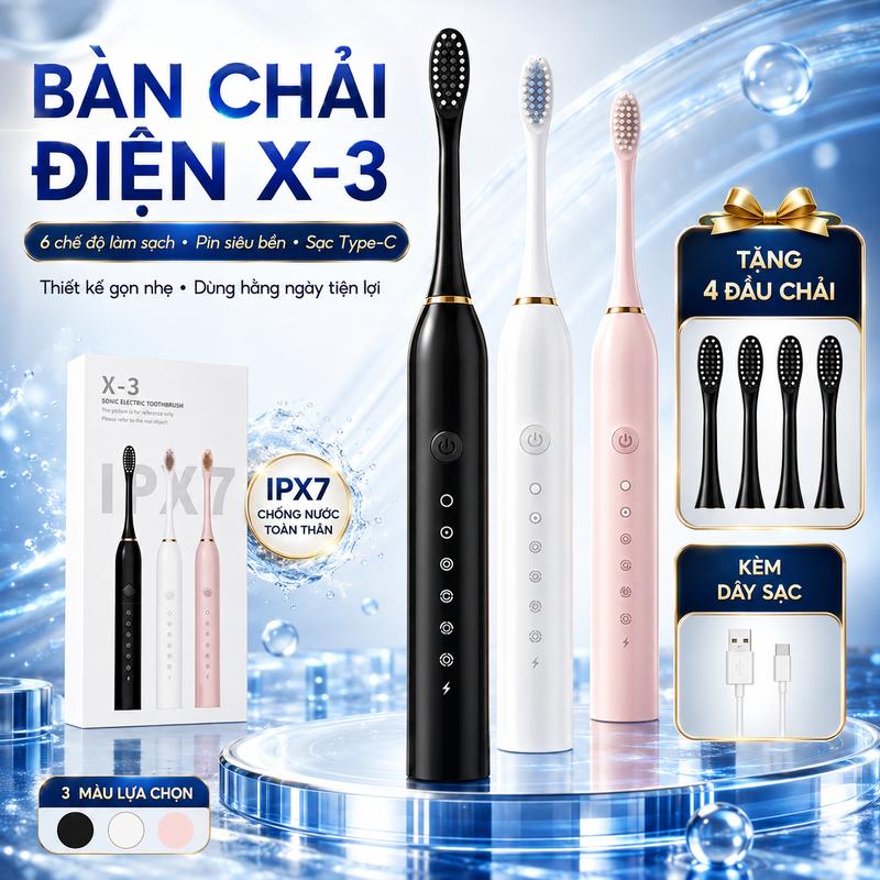 Bộ Bàn Chải Đánh Răng Điện Tự Động X-3 Cho Người Lớn, Lông Mềm Chống Nước IPX7, 6 Chế Độ, Pin Siêu Bền, Kèm 4 Đầu Chải, Phù Hợp Nam Và Nữ