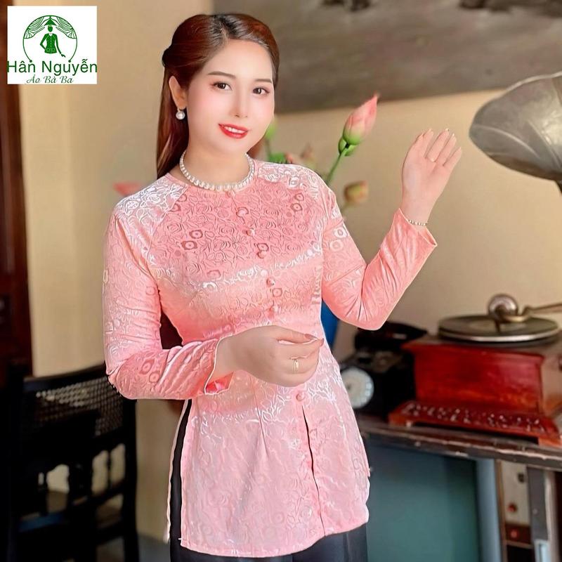 Hân Nguyễn Áo Bà Ba - B.A104 - Áo Bà Ba Gấm Hoa Đồng Tiền Nút Bọc Cổ Tròn Dây Kéo Tay Dài Nữ Top Women Kem Sơ Mi bà  ba