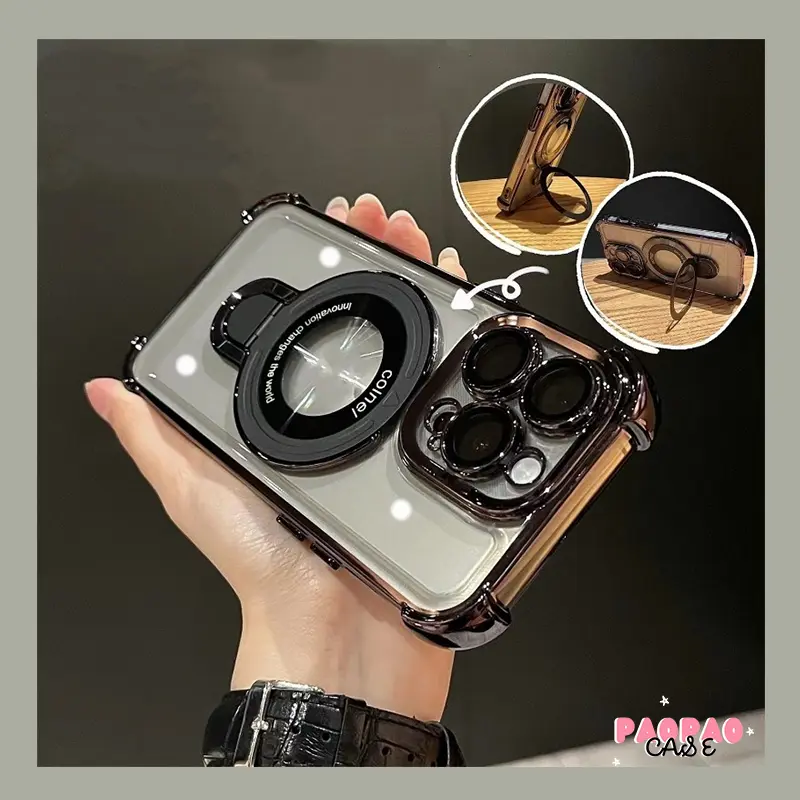 Paopao Case Transparan pelapisan Casing ponsel kantung udara tebal Luxury dengan berdiri case for iPhone 15 14 13 12 11 Pro max plus shockproof back cover