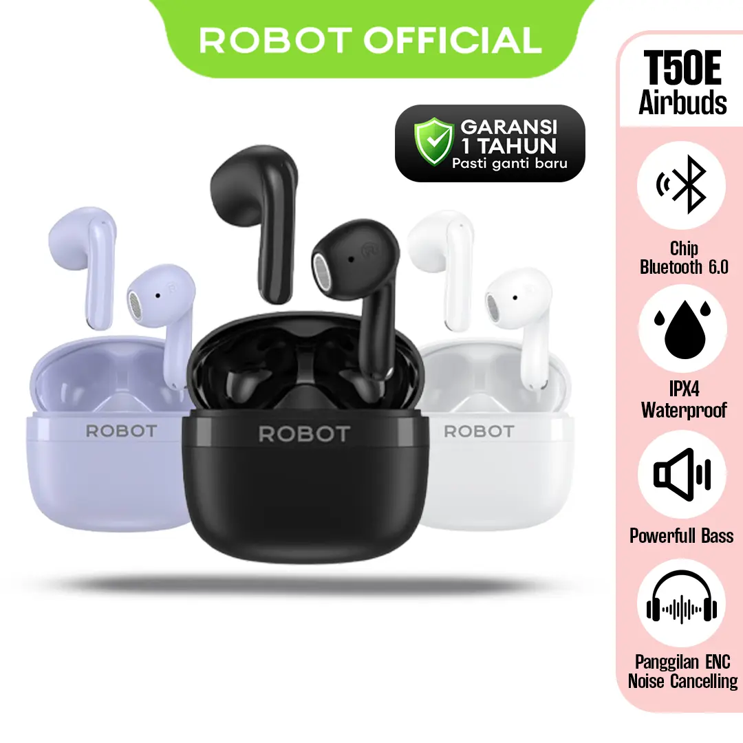 ROBOT TWS Airbuds Earphone T50E Bluetooth 6.0 Powerfull Bass ENC Noise Cancelling Waterproof IPX4 Playtime 35 Hours Auto Connect  - Garansi 1 Tahun - Bisa COD