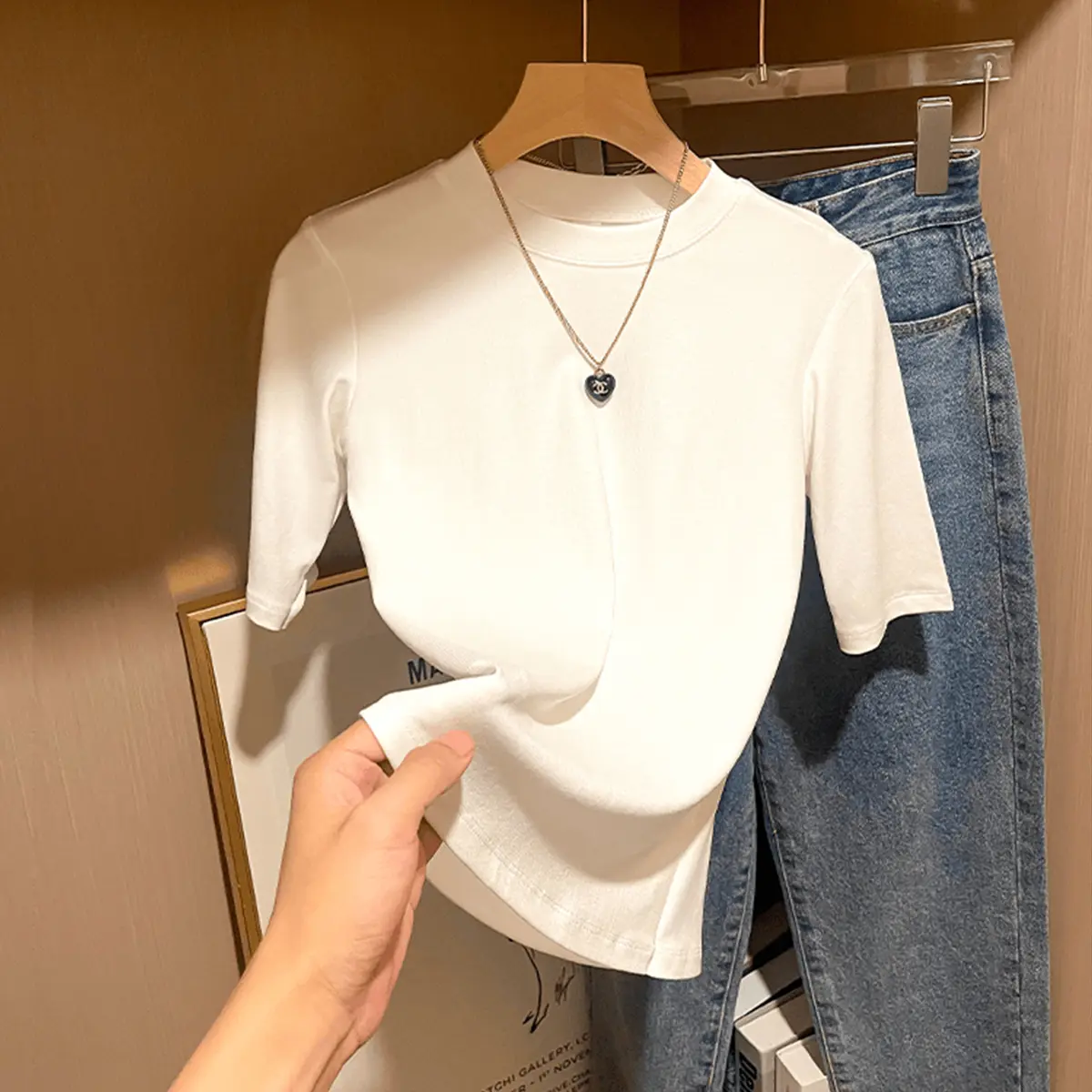 Áo Phông, Tay Lỡ Và Tay Lửng, Đầy Đủ Vai, Dành Cho Nữ, Tay Áo Năm Phần Tư, Màu Đen, Cổ Tròn, Đầu Xuân, Thiết Kế Đẹp, Vải Mỏng, Áo Trên, Áo Sơ Mi Cơ Sở