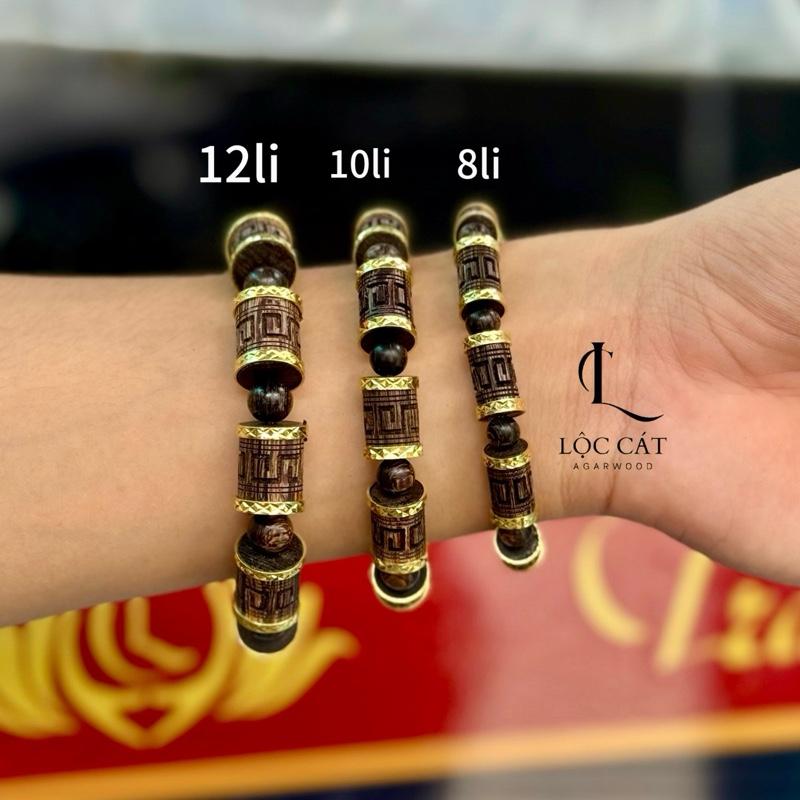   LC-VT174  Vòng tay Trầm Hương Sánh Chìm Bọc khoen Vàng mạ xi khắc chữ vạn may mắn bình an - Trầm Hương Lộc Cát-size nam nữ  8-10-12mm -vòng phong thuỷ cao cấp 