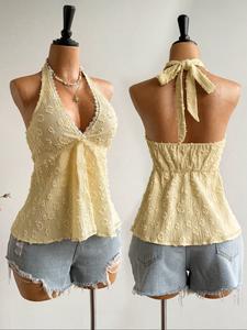 Chaleco Halter de Moda Cómodo y Casual con Encaje Patchwork y Amarre en la Espalda, Diseño Elegante sin Espalda, Perfecto para Uso Diario