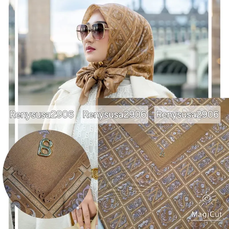 varian pinggiran Lc titik 3 motif Autograph series mirror button scarves with metal logo B kemasan kotak cantik bahan voal premium Kasual Semua musim Square Hijabs 6
