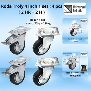 Roda troli Karet 4 inch troly kastor 1 Set 4pcs( 2Hidup Rem 2 Hidup )