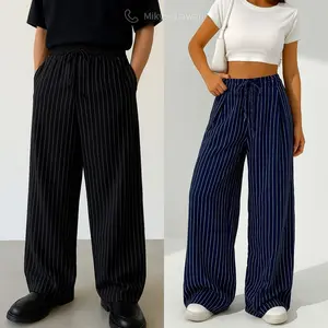 Loose Baggy Pants Stripe Trousers Unisex - Celana Highwaist Pinggang Karet Anti Kusut Kulot