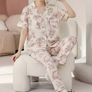 Piyama Import Lengan Pendek Celana Panjang (CP) Bahan Katun Organik atau Sutra Susu Motif Floral Desain Elegan