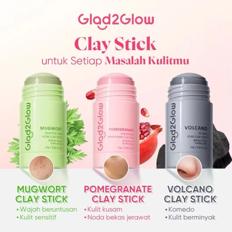 CLAY STICK GLAD2GLOW Pomegranate Brightening Clay Stick Mugwort Acne Clay Stick 25g Masker Stik g2g Pembersih Komedo - MASKER GLAD2GLOW
