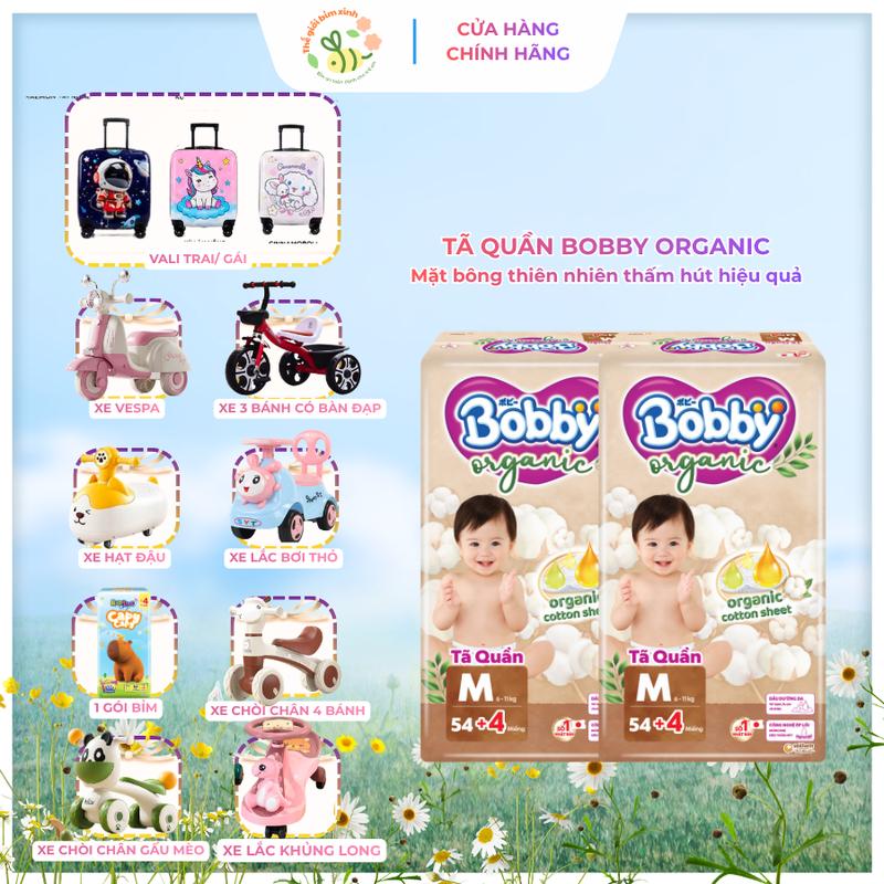 COMBO 2 Tã quần BOBBY ORGANIC mặt bông thiên nhiên mềm nhẹ cho da bé size M54+4, L48+4, XL46+4, XXL42+4, 3XL31+4 (Xe chòi chân trai / gái = ghi chú cho shop)