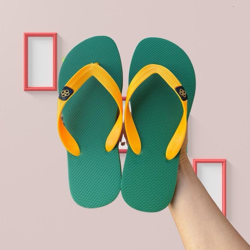 Dép Kẹp Thái Logo Bông Hoa Màu Xanh Vàng, Dép Lê Xỏ Ngón Mềm Dẻo Cao Su Bền Đế Bằng Nam Size 38-43, Dép Quai Kẹp Nam Đẹp Boy Phố 2025