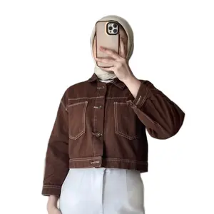 Reyika Jacket Jeans Wanita Crop Top Tren Atasan Jaket Cewek Panjang Casual Denim