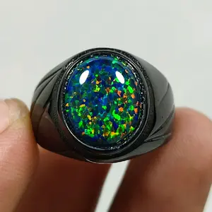 Cincin Titanium Hitam Batu Kalimaya Black Opal High Quality Siap Pakai - Dimensi Batu 12x10x4mm - Rings Elegan Permata Akik
