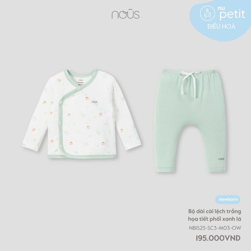 [ Nous] Set sơ sinh dài cài lệch Nous màu trắng họa tiết phối xanh lá cho bé sơ sinh size newbon. Gồm mũ gấu và bao tay bao chân, chất vải peptit mềm mịn và co giãn tốt, thấm hút mồ hôi tốt. 4