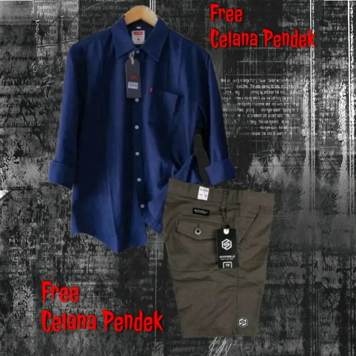 PAKET HEMAT COD Setelan Kemeja Lengan Panjang Pria Dewasa Celana Pendek Pria Dewasa Laki Laki One Set Pria Polos Lengan panjang Katun 4