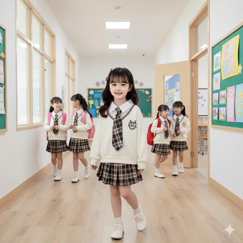 Bộ Ong Kis Sét 1 Áo Vải 2da Phối Cổ Sơ Mi Cà Vạt Rời & Chân Váy Kẻ Cho Bé Gái 16-30kg