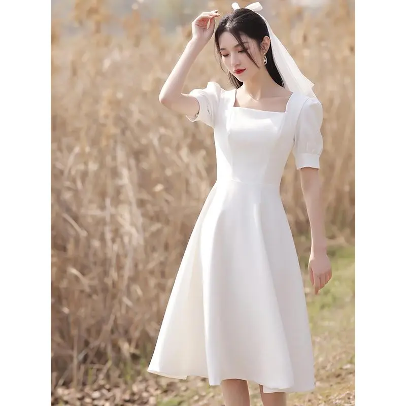 8940 korean long fitted plain white dress for woman casual formal elegant plus size civil wedding dresses Simple Wanita Panjang Gaun 2