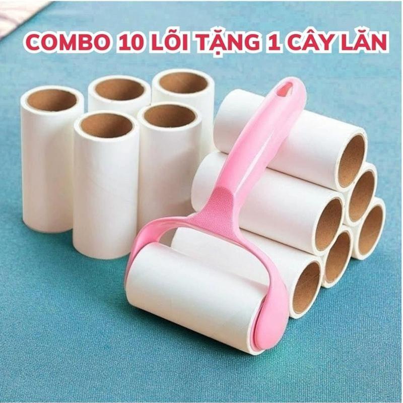 Combo 10 Lõi Lăn Bụi TẶNG KÈM 1 CÂY LĂN, Cây Lăn Bụi Làm Sạch Quần Áo, Chăn Ga, Đệm Sofa, Thanh Lăn Lông Chó Mèo