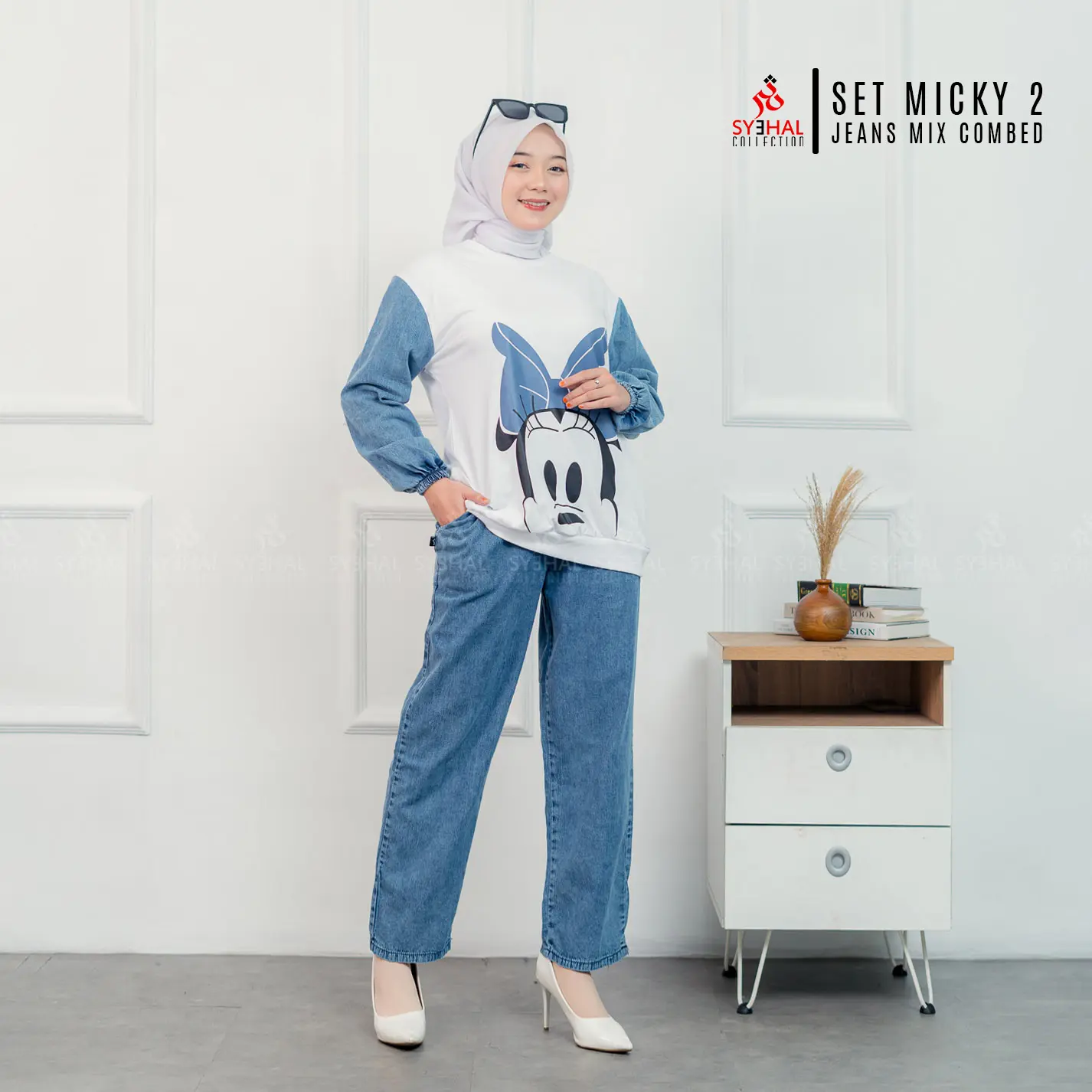 SYEHAL COLLECTION - Atasan Combed dan Setcel Jeans Kombinasi COMBED // Setelan Pakaian Wanita // Baju Over Size LD110cm Panjang Dewasa