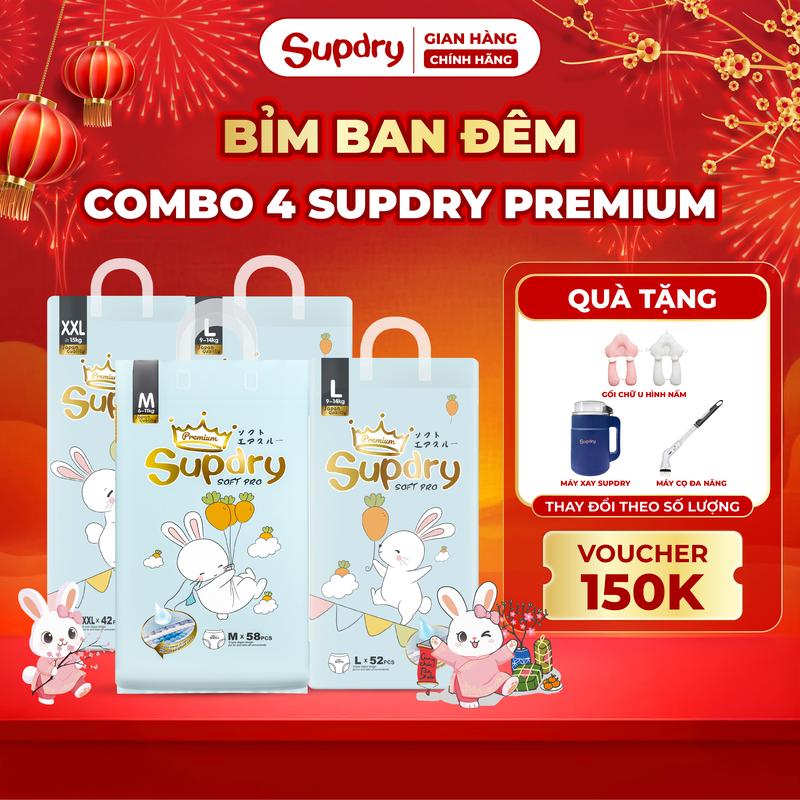 Độc quyền KOC COMBO 4 bịch tã bỉm Supdry Premium An Toàn Siêu Thấm Hút size NB S M L XL XXL XXXL cho bé từ 44kg đến hơn 20kg + Quà tặng