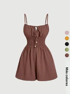 Mono sin mangas casual para mujer con lazo frontal y cintura elástica, mono todo en uno elegante para verano, moda moderna para mujeres