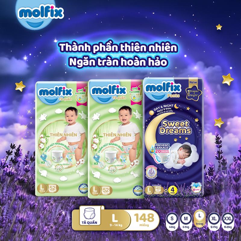 [Tặng bình nước] Combo 2 ngày 1 đêm_Tã quần 2 gói Molfix Super Jumbo + 1 gói đêm Sweet Dreams đủ các size dành cho Bé từ 5-25kg
