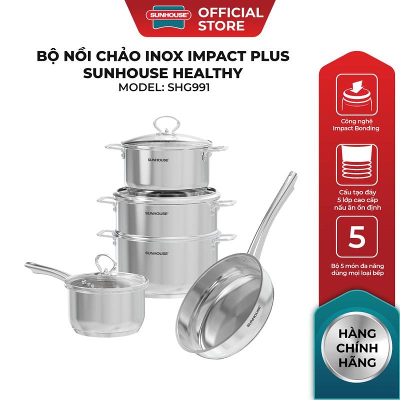 Bộ nồi chảo Inox Impact plus Sunhouse Healthy SHG991 - Đáy từ 5 lớp bền bỉ - Đa dạng kích thước - Dùng mọi loại bếp