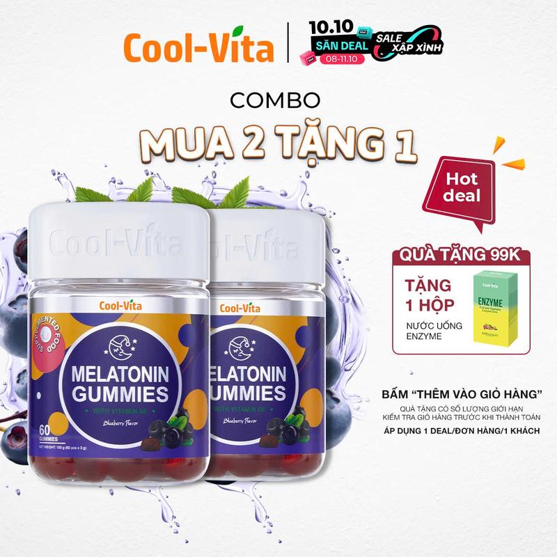 [A] Combo 2 Hộp Kẹo Dẻo Melatonin Hỗ Trợ Giấc Ngủ Ngon Sleep Well Gummies & Hỗ Trợ Giảm Căng Thẳng Vị Việt Quất Kết Hợp Vitamin B6 Coolvita – (60 viên x 3g)/hộp