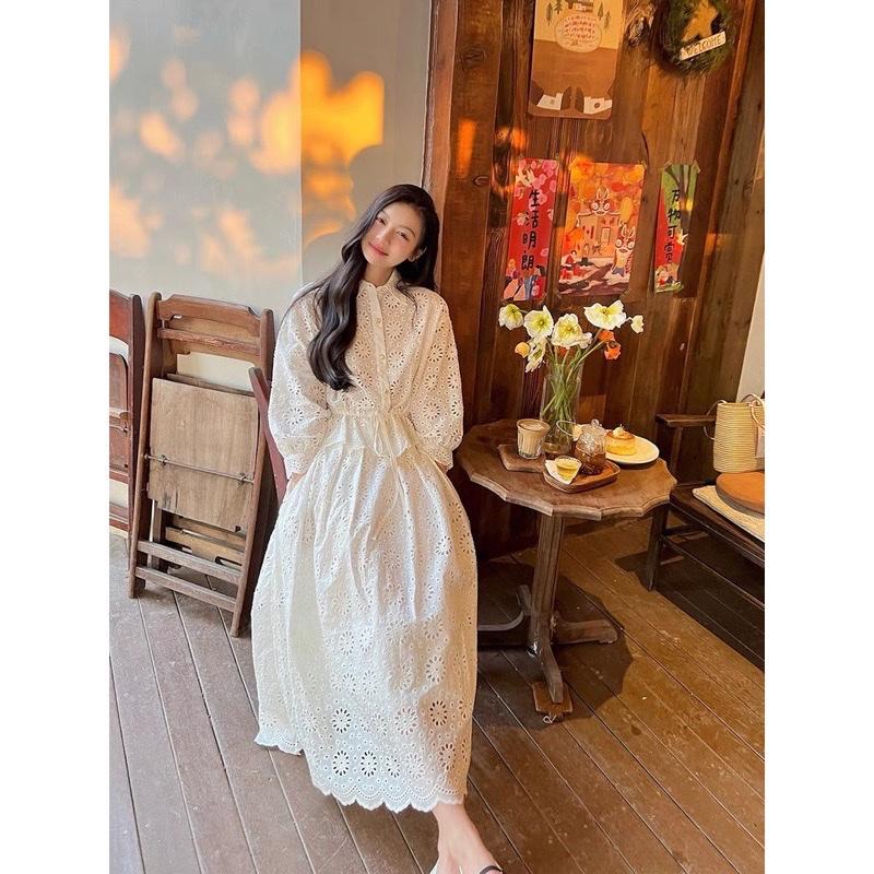    Mở Bán -Tặng Áo Dây   Set Áo Ren Trắng Hoa Lỗ Rút Eo Phối Chân Váy Dáng Dài Xoè Tiểu Thư Xinh by Hp 