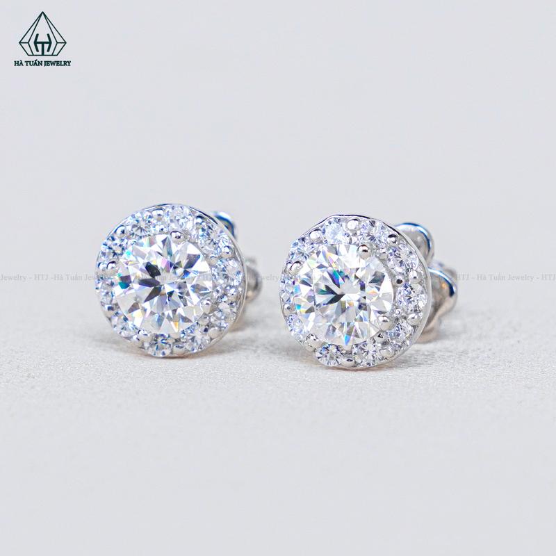   Hà Tuấn Jewelry  Bông Tai Bạc 925  Xi Kim Đính Viên Chủ Moissanite 5mm Chuôi Vặn EX048 