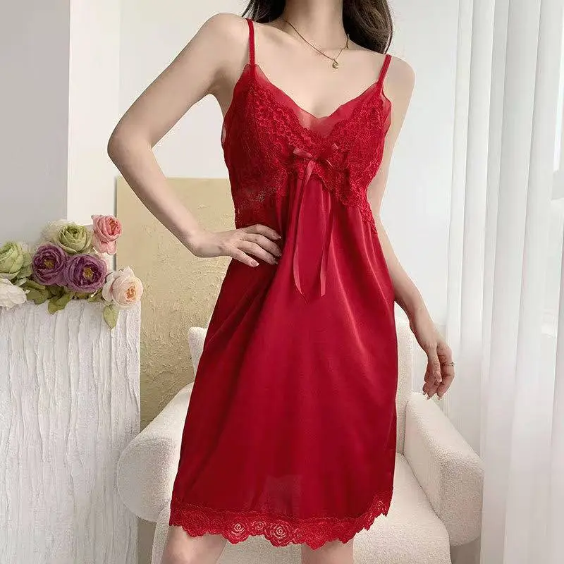 Sexy Pajamas Women's Summer Fashion Thin Ice Silk With Chest Pad Sexy Lace Suspenders Nightdress Loungewear Nightwear Womenswear Lingerie Homewear Sleeveless Comfort Basic