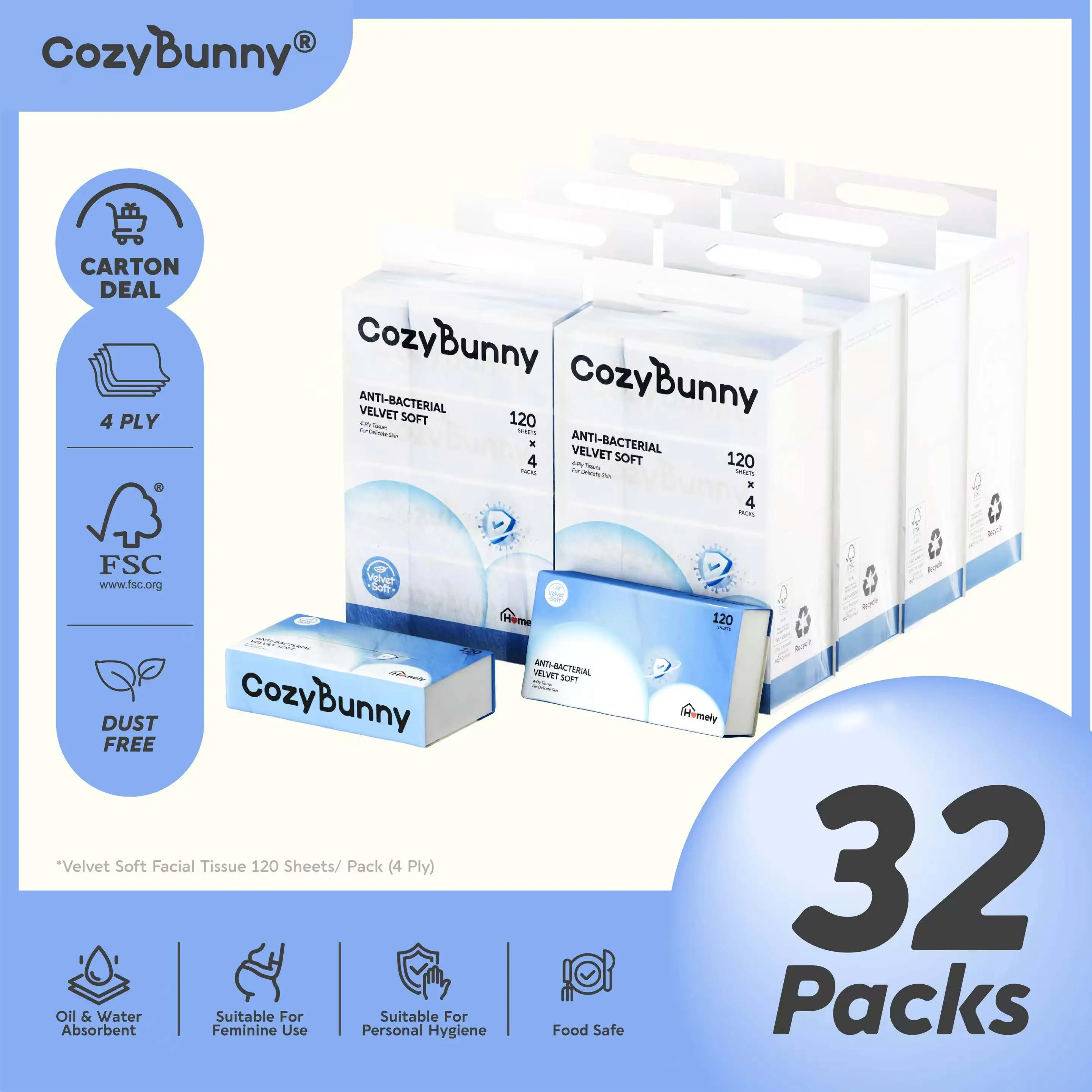 CozyBunny Velvet Soft Antibacterial Facial Tissues (Homely) 8 Bags x 4 Packs x 120 Sheets (4 Ply) CARTON DEAL (Total 32 Packs) facial  tissue Disposable Household tissue  paper