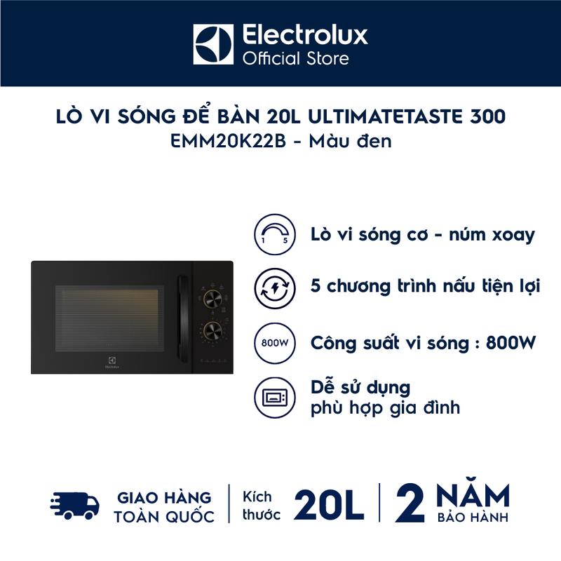 Lò vi sóng 20L EMM20K22B Electrolux điều khiển tiếng Việt 800W, 5 chương trình nấu, rã đông nhanh, hâm nóng tiện lợi