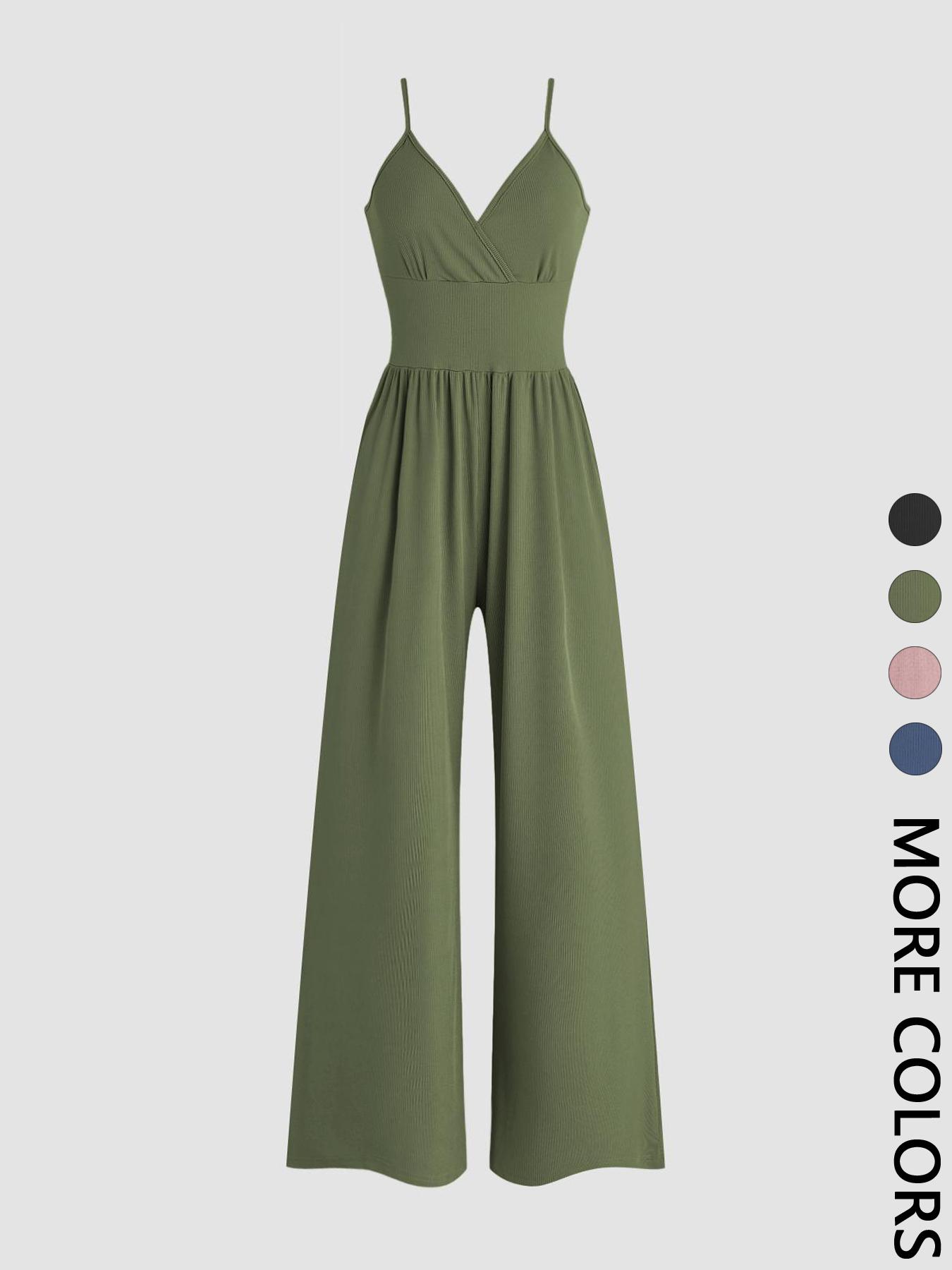 Women's Solid Plicated Ribbed Wide Leg Cami Jumpsuit, Summer Outfits 2024, Casual Sleeveless Spaghetti Strap High Waist Jumpsuit for Daily Wear