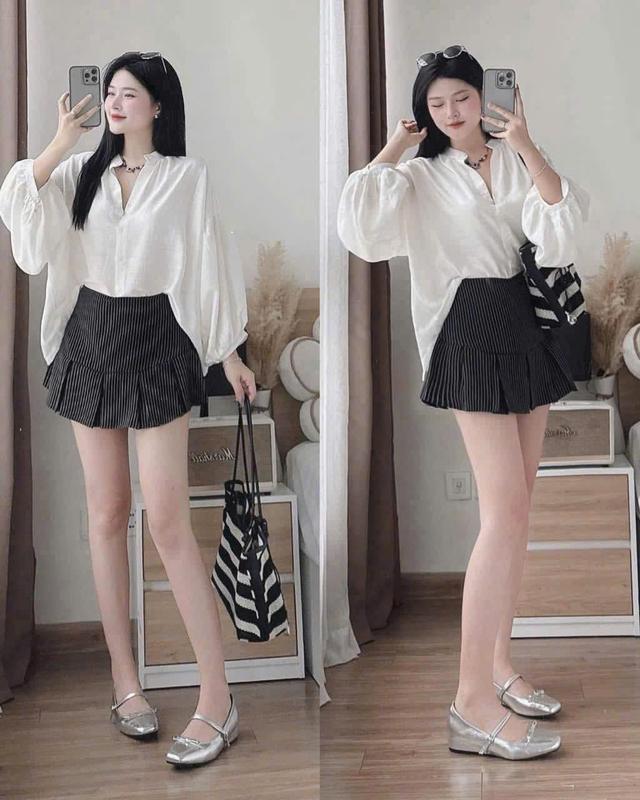 sét đồ nữ áo dài tay cổ v kèm chân váy xếp ly siêu xinh phù hợp mặc đi chơi