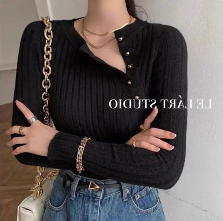 AIS | Atasan Malini- Top Knit T Shirt - Baju Rajut Kancing Wanita - Atasan Kaos Oneck Rajut Lengan Panjang 0