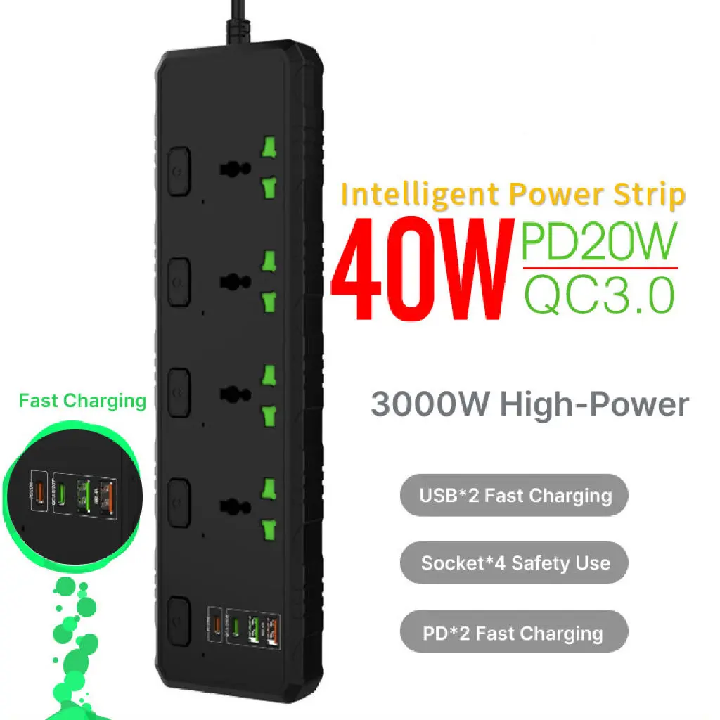 Universal Multifunction High Power Socket With Fast QC3.0 Charging /2 Type-C/2 USB/4 Independent Switch