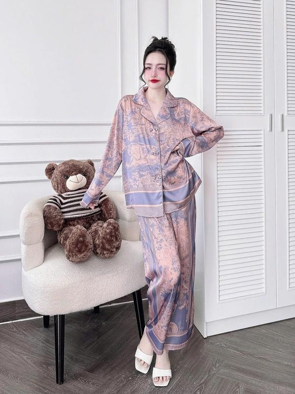 Đồ Bộ Pijama Nữ Lụa Mịn Latin, Thoáng Mát, Form Vest, Tay Dài Quần Dài In Họa Tiết Loang Rừng Cam Xanh Sang Trọng [Size 45-60kg và 61-75kg], Có Bigsize  Women