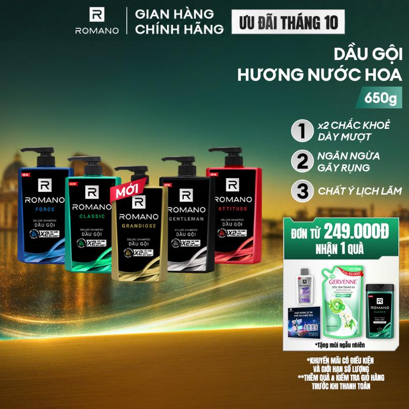 Dầu gội Dưỡng Tóc cho nam Romano hương nước hoa Classic/ Force/ Attitude/ Gentleman/Grandiose 650g/chai - 5 mùi hương có sẵn