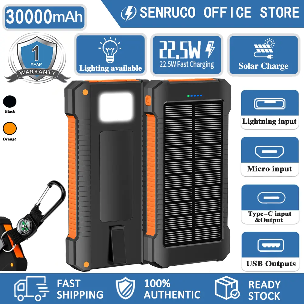 Powerbank bertenaga surya peralatan berkemah luar ruangan dengan senter berdaya tinggi tahan air dan tahan guncangan kompatibel dengan iPhone dan Android.