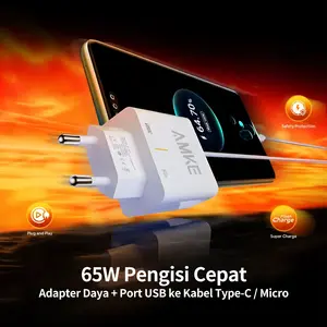 Charger AMKE Original 65W Super Fast Charging, Cocok untuk OPPO / Android / VIVO / Xiaomi, Kepala Charger 65W + Kabel Data, Fast Charge Universal untuk HP Mate50 / P50 / P40 / P30 (Gratis Garansi 1 Tahun)