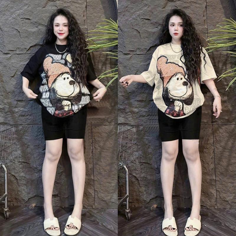 { Chất Liệu Gân Tăm } Set Đồ Bộ Nữ Lửng Ngố + Áo Fom Rộng In DOG Đội Nón Cam Bigsize 45-90Kg Mặc Nhà Đi Chơi Hè Top Nữ