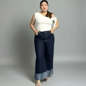 Celana Jeans BIG SIZE Kulot Stik Balik Wanita High-Waist Nyaman Stylish Denim Non Stretch Kancing Depan Terlihat Model Kulot Pinggang High-Waist Bahan Denimstretch Berkualitas Tinggi Mayocollection