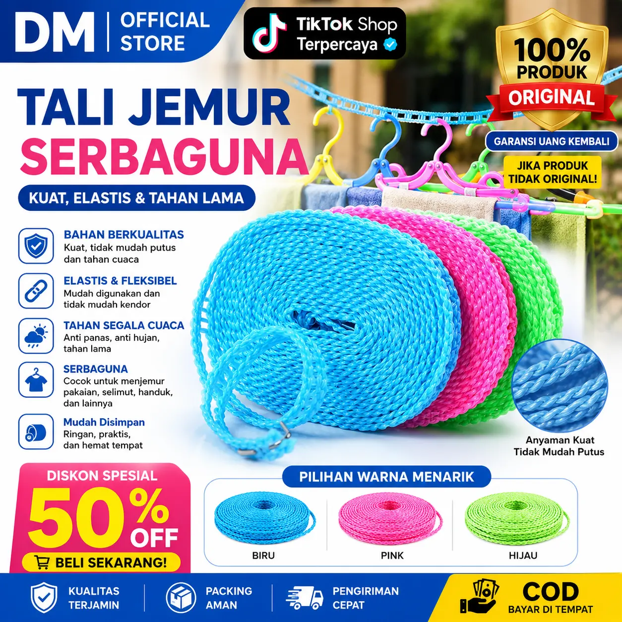 Gantungan Tali Tambang Baju Jemuran Laundry Portable Dengan Lubang