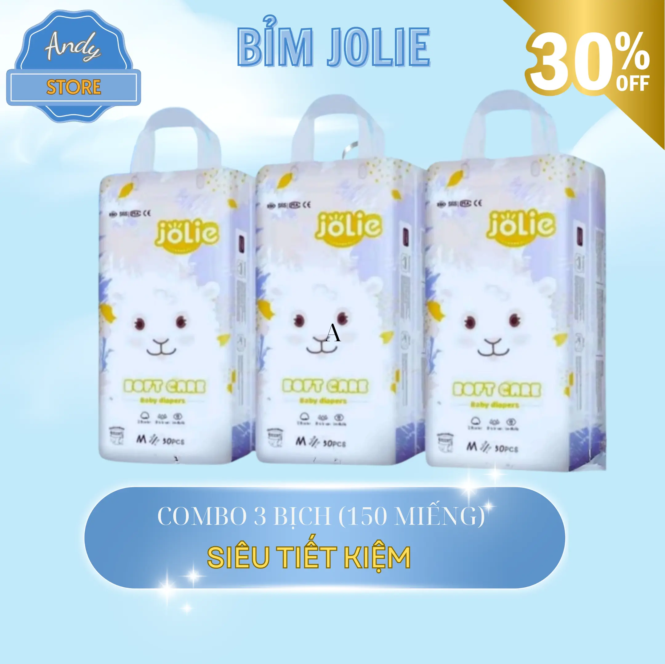 [Miễn ship+Kèm Quà] Combo 3 bịch bỉm quần Jolie 150 miếng siêu mỏng, thấm hút tốt, Đủ size M,L,XL,đến 4XL
