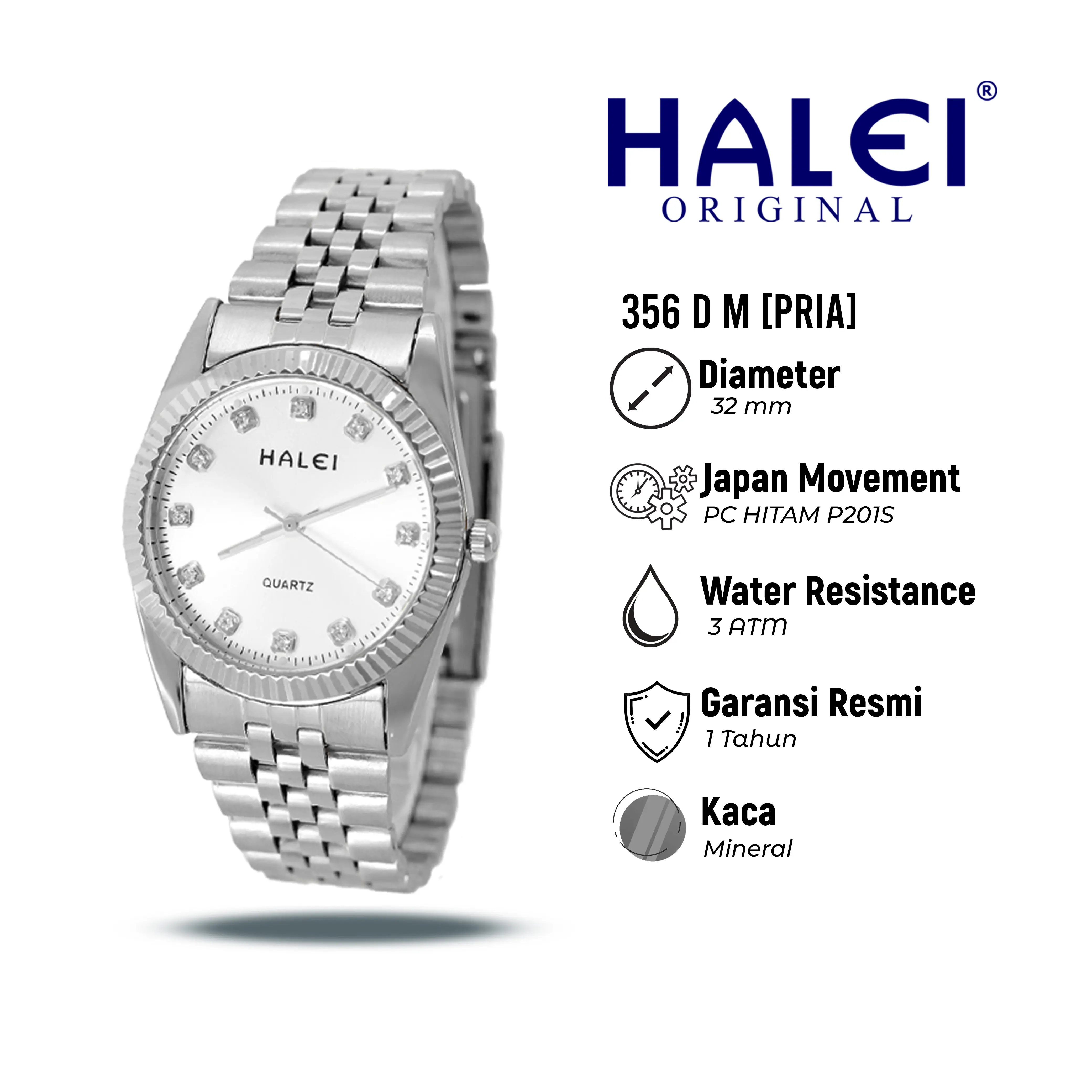 Halei Watch 356 M - Jam Tangan Pria Rantai Stainless Steel Analog Kekinian - Tahan Air dan Garansi 1 Tahun. Free Box