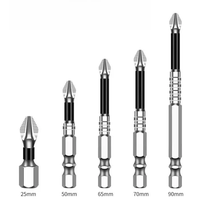 Set Bit Obeng Phillips Magnetik Anti-Slip, 5PCS, Batang Hex 1/4 Inci, Cocok untuk Pemacu Impak dan Alat Kuasa, Bit PH2, Panjang 25mm-90mm, Bit Bor Silang Tahan Lama dan Presisi untuk Perkakas Keras