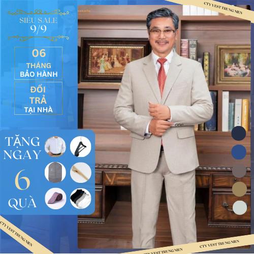 Bộ Vets Trung Niên xuất khẩu - Bộ quần áo comple nam trung niên cao cấp (1 kẹp cà vạt -  1 áo somi - 1 móc treo -1 cà vạt lụa ) Polo Menswear Có Cổ