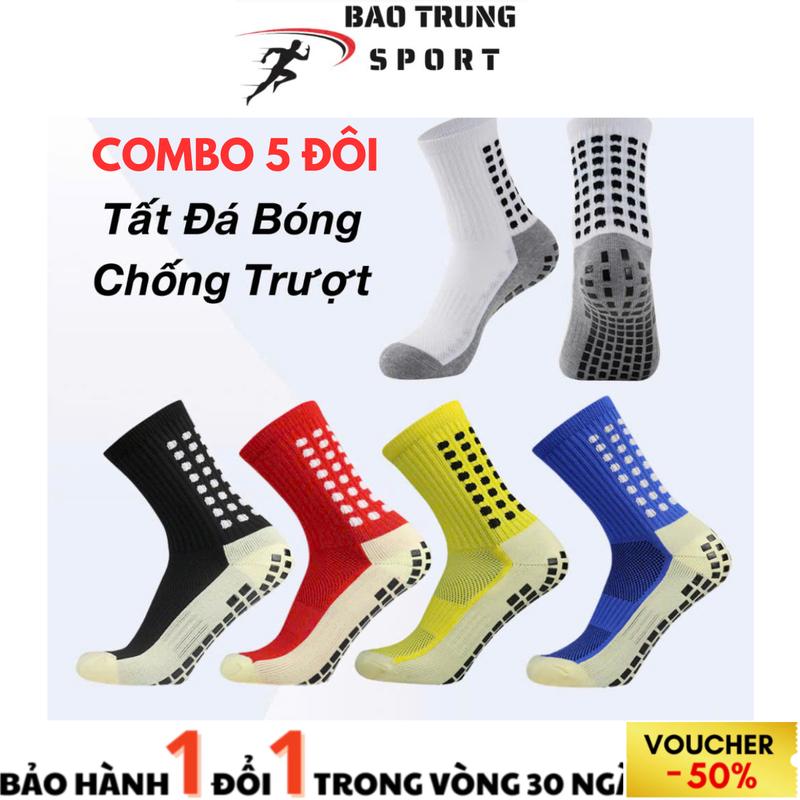 COMBO 5 Đôi Tất thể thao bóng đá chống trượt Cotton chất lượng tốt Vớ đá banh chống trơn trượt bền đẹp không gây hôi chân Sport