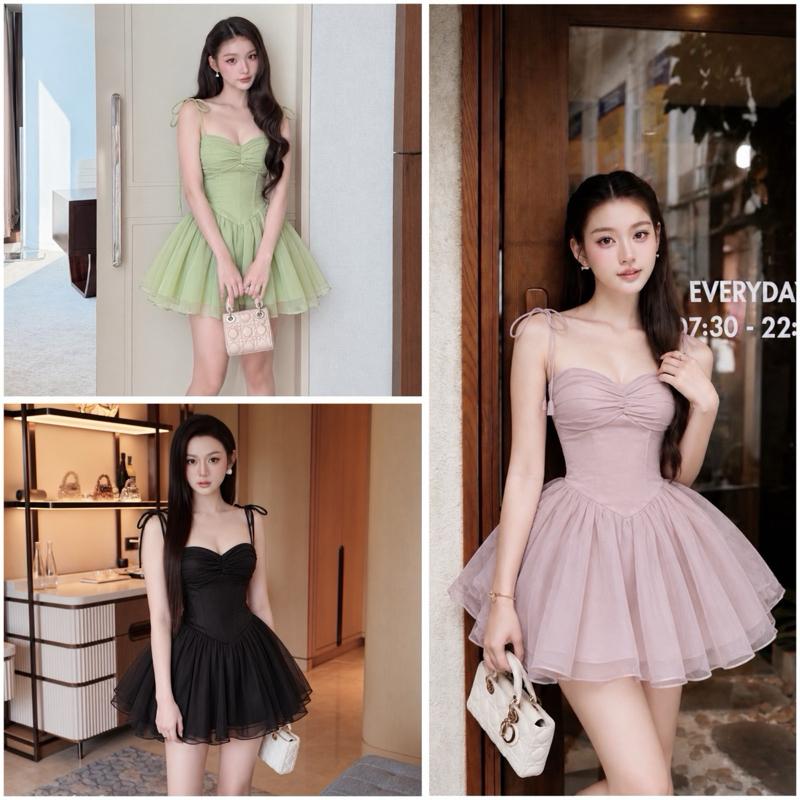 ĐẦM TƠ DÁNG NGẮN XOÈ PHỒNG CỘT DÂY VAI KHẢ DI STORE